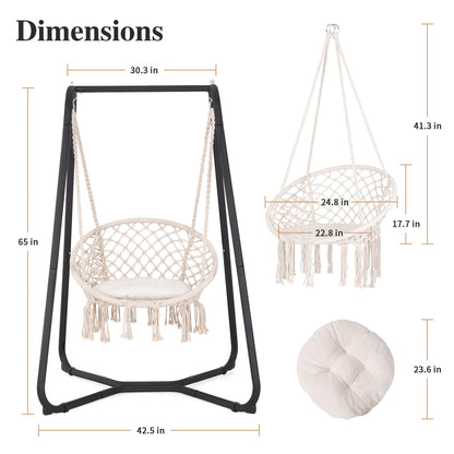 SUNCREAT Patio Swing Chair with Stand and Cushion, Heavy Duty Hanging Chair with Stand for Bedroom, 330 lbs Capacity, Patent Pending, Beige