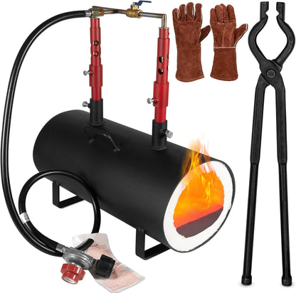 Propane Gas Forge, Double Burner Blacksmithing Forge Large Capacity Forge, Oval Propane Burner Forge with 16.85 Inch V-Bit Tongs & Leather Welding Gloves for Farrier, Knife and Tool Making