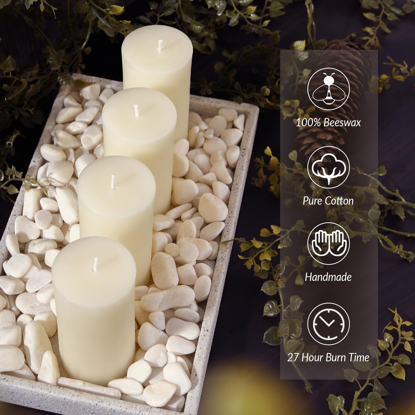 3 Pack 2 inch Wide Beeswax Pillar Candle 4 inch Tall, Smokeless and Long Lasting Natural Pure Bees Wax Candle, Unscented, Off White