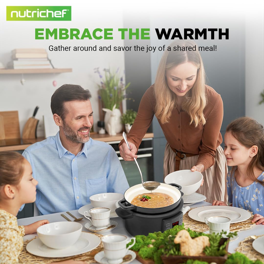 Nutrichef 6 Quart Electric Dutch Oven | 1500W 5-in-1 Enamel Coated Cast Iron Pot with Stainless Steel Lid | Precise Temperature Control | Includes 2 Silicone Pot Holders & Heat Resistant Pad | Black
