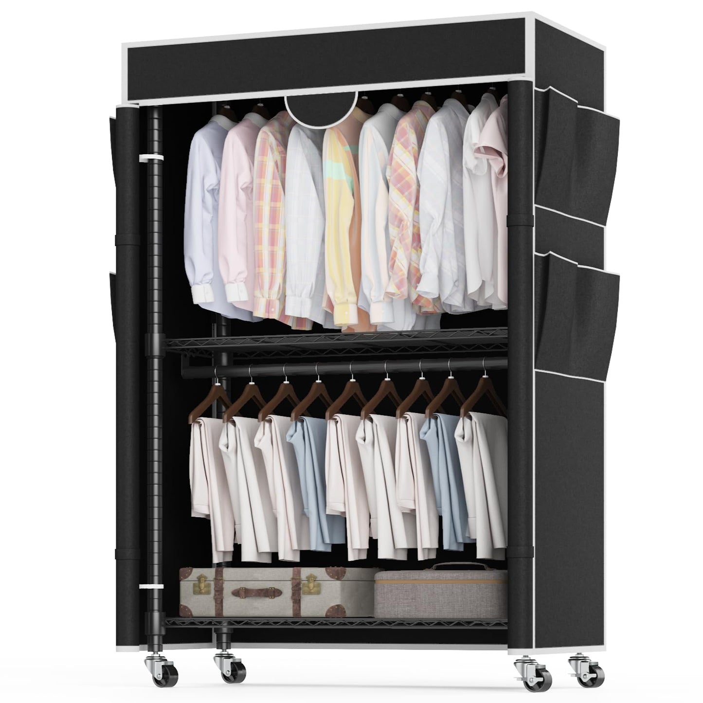 Homdox Garment Rack with Cover, Heavy Duty Clothing Rack for Hanging Clothes, Portable Closet Wardrobe, Double Rods Garment Rack with wheels, 35.1" W x 17.4" D x 80.6" H, Black