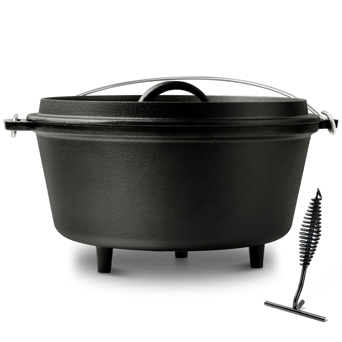 Blingco Pre-Seasoned Cast Iron 10QT Camp Dutch Oven with Lid, Large Camping Dutch Oven Pot, incl. Lid Lifter - Dual Handles - for Outdoor Campfire, Grill, Oven&Stovetop Cooking - Black