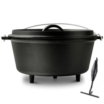 Blingco Pre-Seasoned Cast Iron 10QT Camp Dutch Oven with Lid, Large Camping Dutch Oven Pot, incl. Lid Lifter - Dual Handles - for Outdoor Campfire, Grill, Oven&Stovetop Cooking - Black