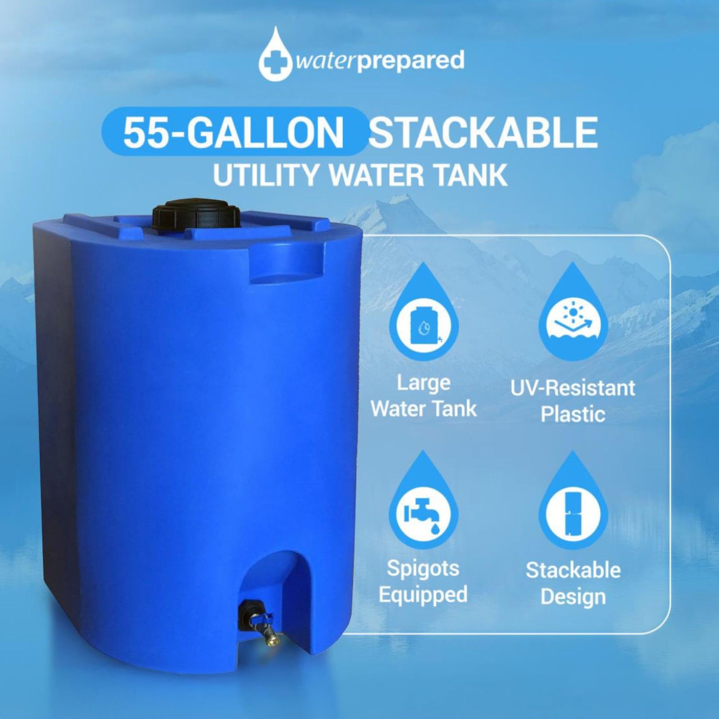 WaterPrepared Stackable Plastic Drinking Water Storage Tank with Spigots, 55 Gallon, Blue - Portable Emergency Hydration Container for Survival or Disaster Preparedness