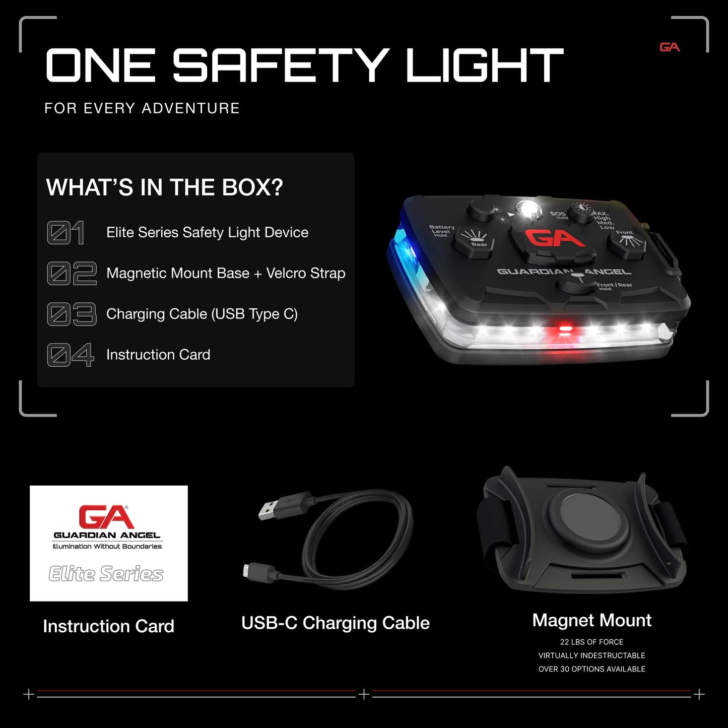 Guardian Angel Elite Series Safety Light (White Front & Blue/Yellow Rear) - Rechargeable, Magnetic, Hands-Free Wearable & Mountable LED Flashlight for Construction, Roadside, Towing, & Industrial PPE