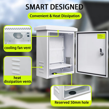 Metal Outdoor Enclosure with Rain Hood Electrical Box Weatherproof WiFi/Network Enclosure Breaker Box with Fan-Vent Design Cable Project Cabinet with Mounting Track Hole in Back 16X20X10