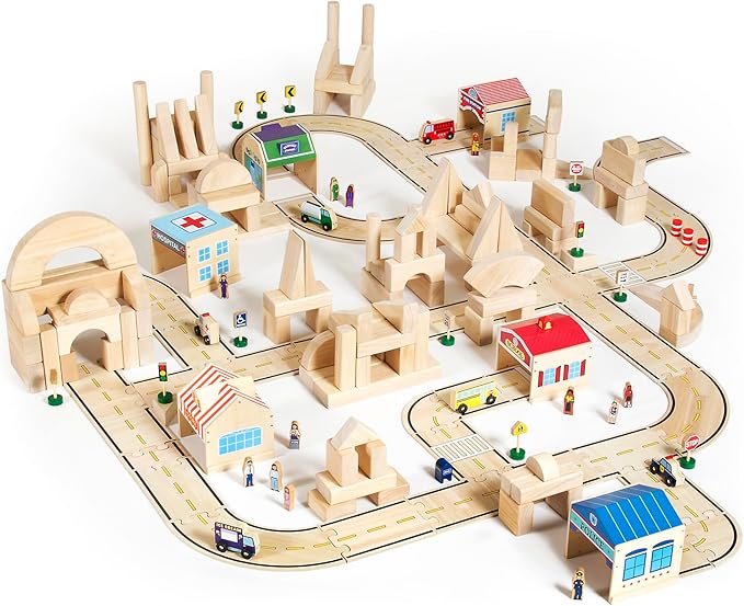Guidecraft Community Buildings: Set of 6 Wooden Block Play Buildings (Fire Station Police Department Hospital School Grocery Store &amp Service Station)