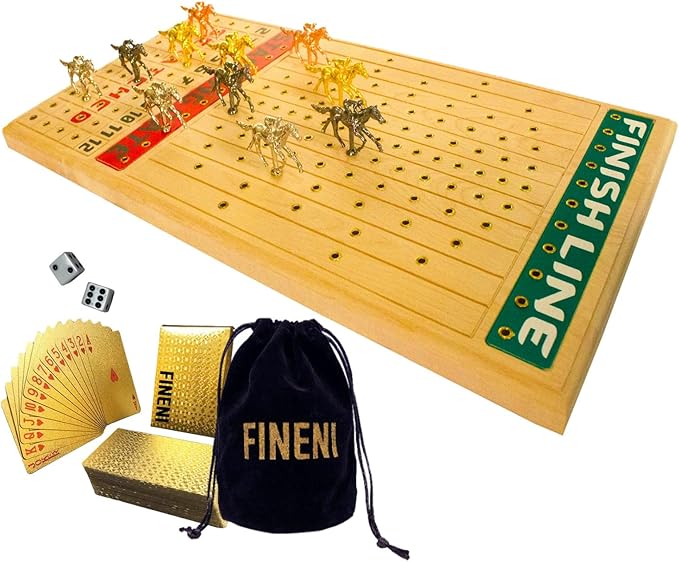 Horse Racing Game for Adults Horse Race Board Game with 11 Luxurious Metal Horses (Gold Silver Black Rose Gold) 22” Beech Wood Horse Race Game Board Dice &amp Golden Card Included (Beech)