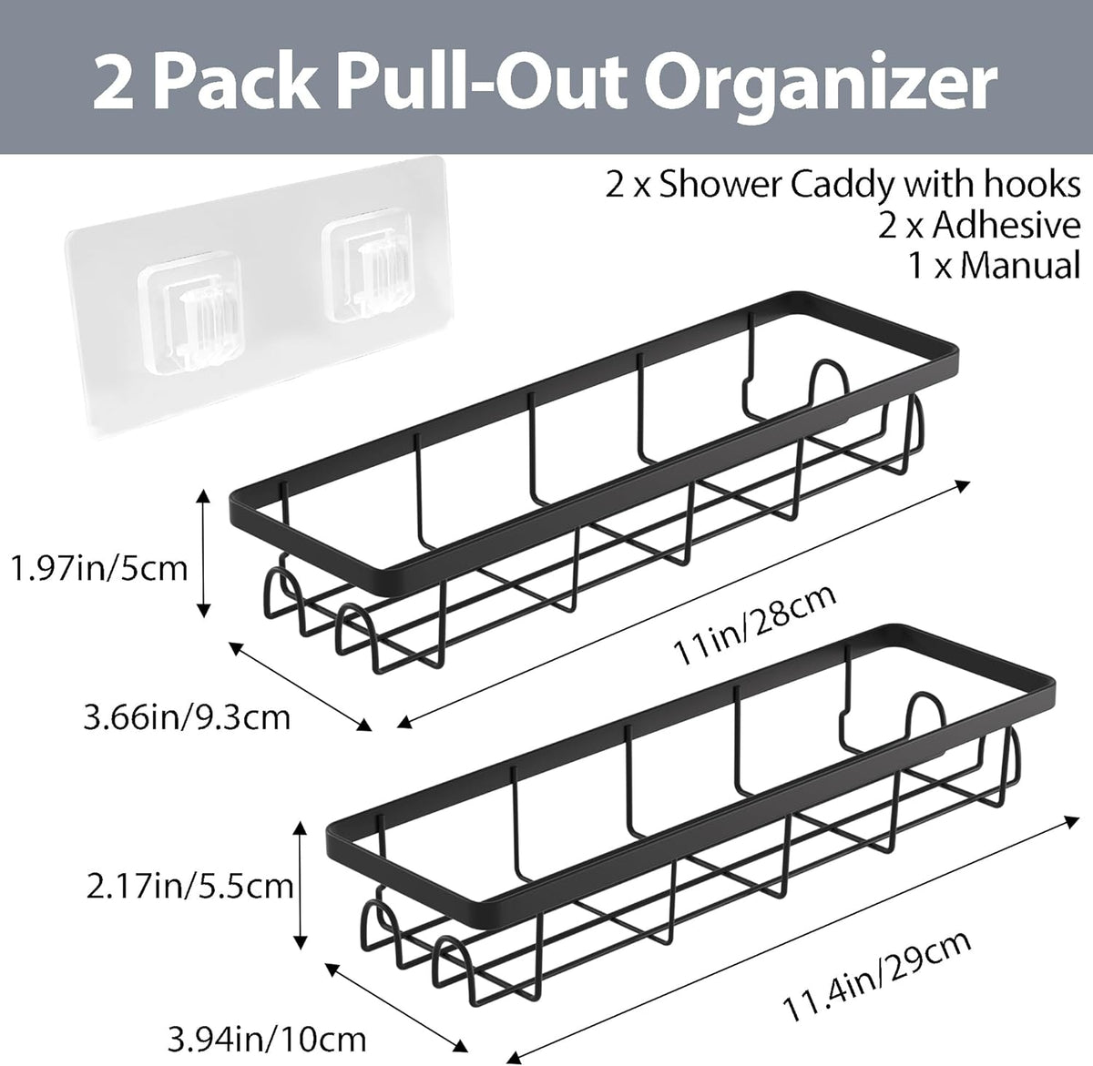 Shower Caddy Organizer - Self-Adhesive Bathroom Shelves with Hooks | No Drilling, 2-Pack Black