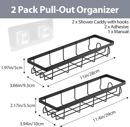 Shower Caddy Organizer - Self-Adhesive Bathroom Shelves with Hooks | No Drilling, 2-Pack Black
