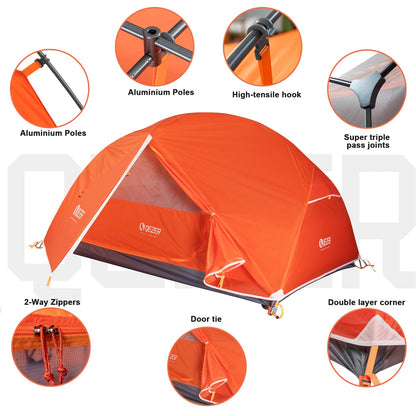 QEZER Camping Tent 1/2 Person Tents Windproof Portable Adults Tents for Camping Hiking Backpacking Traveling Easy Set up (Orange, 2 Person)