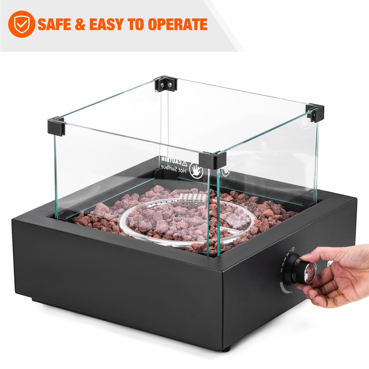 ONLYFIRE OUTDOOR LIVING 15.7" Portable Propane Gas Fire Pit Side-Mounted, Modern Tabletop Fireplace Smokeless Firepit with Glass Wind Guard for Patio Camping RV Tailgating, 23000BTU, Square FP040