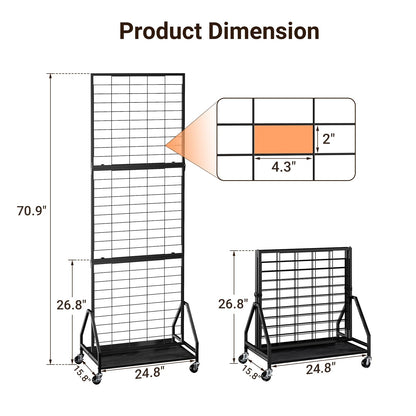 ELYKEN 2 Pack Foldable Grid Wall Panels 5.7' x 2' FT, Movable Wire Gridwall Display Rack with Wheels and Adjustable Foots, Retail Display Stand for Vendor with Storage (Black)