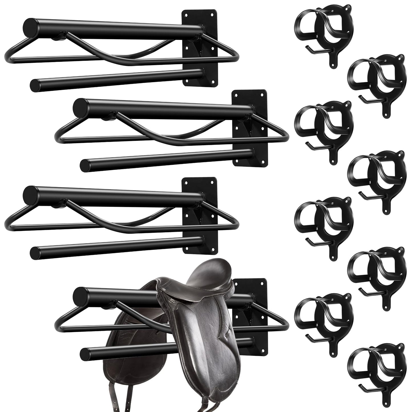 Paterr 12 Pack Saddle Rack Wall Mount with Pad Bar Horse Bridle Rack Metal Bracket Bridle Hooks Detachable Portable Saddle Stand Tack Storage for Western Horse Trailer Stall Supplies Accessories