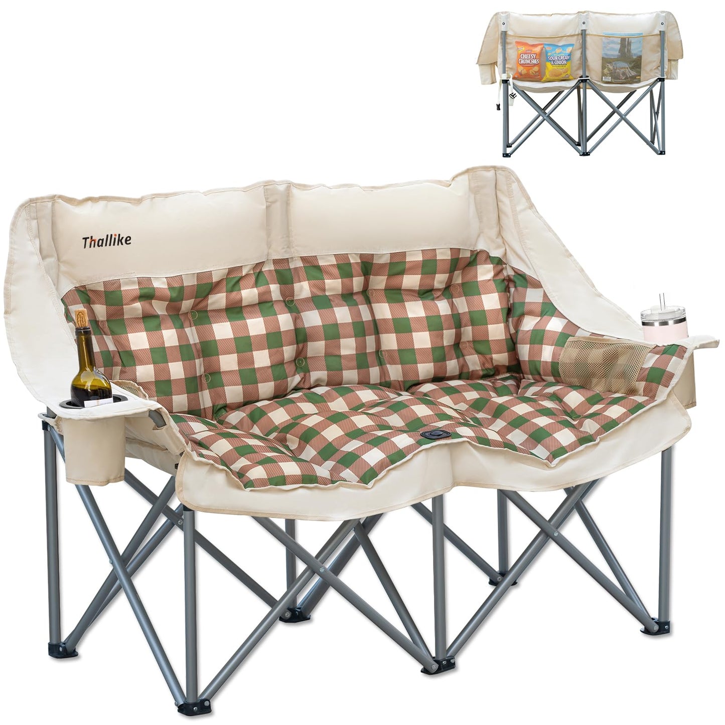 Thallike Double Camping Chair, Oversized 2 Person Camp Chairs with Cup Holders Side & Backrest Mesh Pockets Padded Loveseat Camping Chair Foldable for Outdoor Lawn Backyard Beach Support 800LB