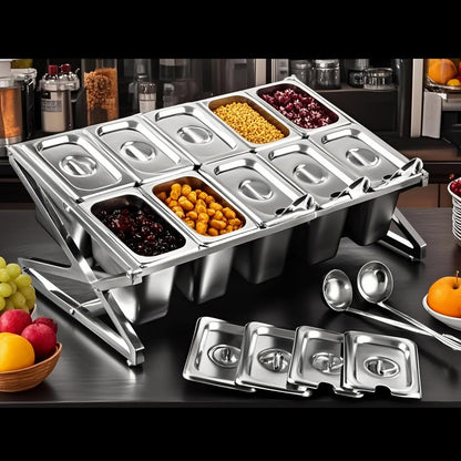 SHPii Two Tier Adjustable Stainless Steel Spice Organizer Set of 10 Pots with Spoons Commercial Kitchen Spice Rack Sauce Rack Buffet Counter Milk Tea Shop Multifunctional Shelf (Double Slant)