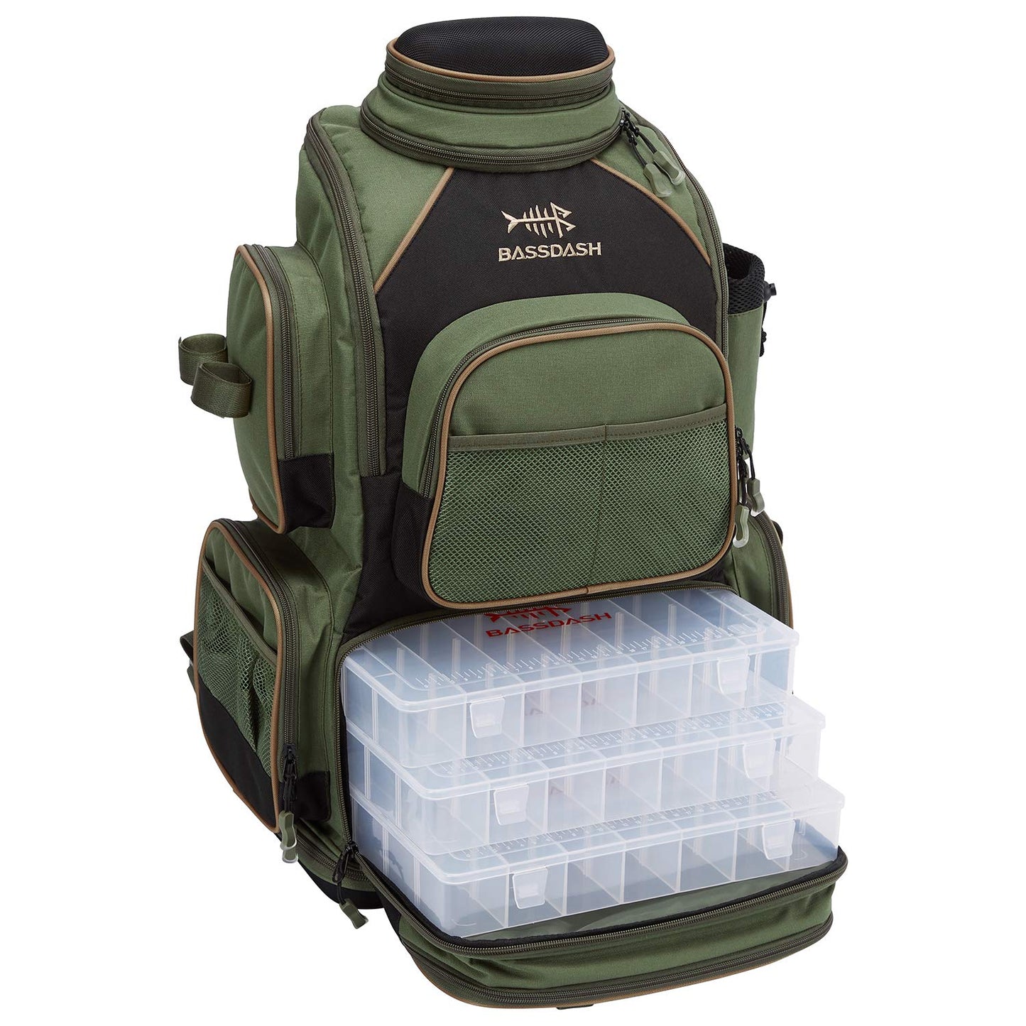 BASSDASH Fishing Tackle Backpack Water Resistant Tactical Bag Soft Tackle Box with Rod Holder and Protective Rain Cover