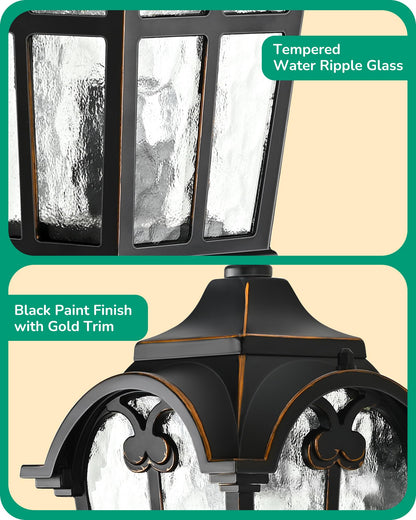 EDISHINE Dusk to Dawn Outdoor Wall Light Fixture, 17in Black Roman Lantern, Waterproof with Water Ripple Glass, Model HOWL06G