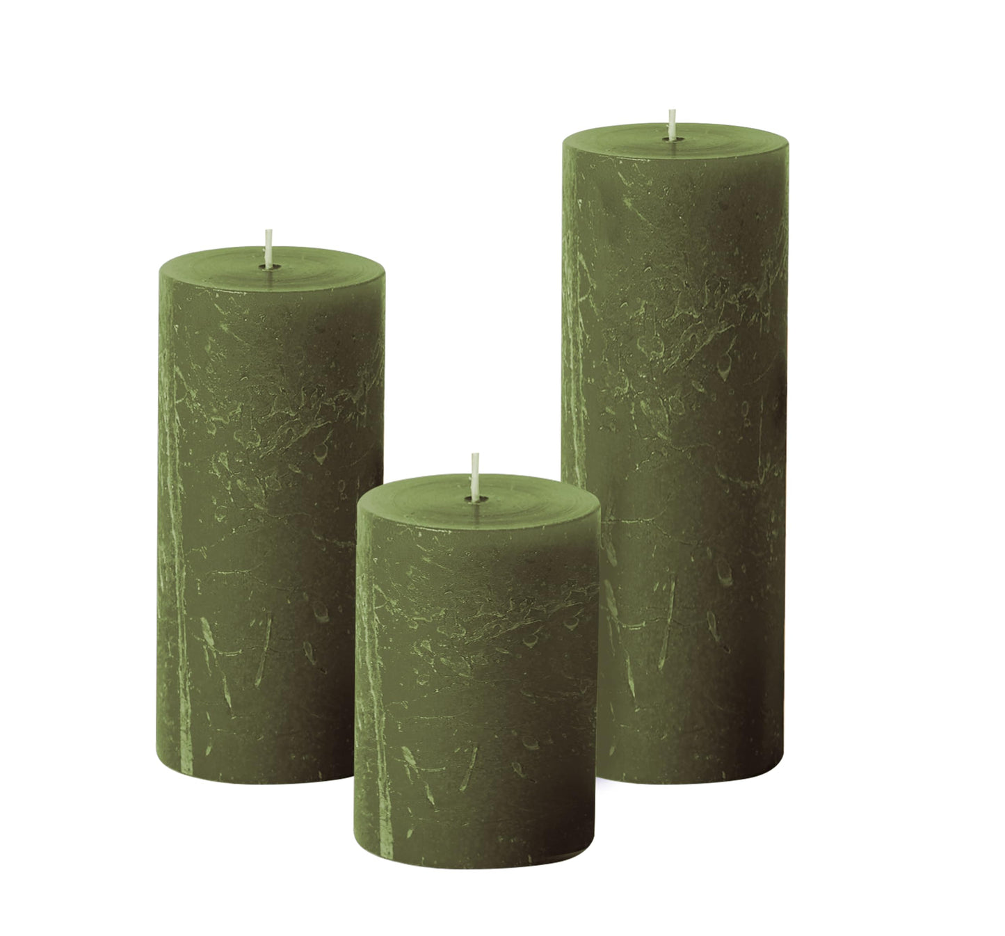 Simply Soson 3x4, 3x6, 3x8 inch Dark Moss Green Pillar Candles, Set of 3 Pillar Candles, Rustic Texture, Unscented Green Candles Dripless Candles Ideal as Wedding Parties Spa Dinner Home Decor Church