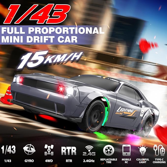 1/43 RC Drift Car Mini Drifting RC Car with Gyro 2.4GHz Full Proportional Drift Cars 4WD RTR Remote Control Cars with Colorful Lights High Speed Fast Racing Vehicle Gift for Kids Boys Adults