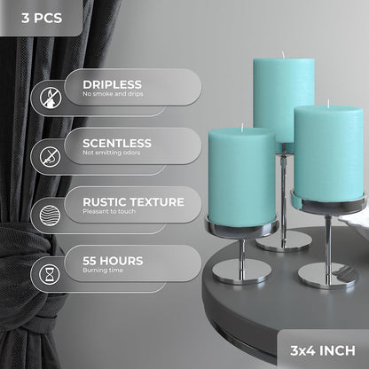 CANDWAX 3x4 inch Pillar Candles Set of 3 – Unscented Dripless Rustic Light Turquoise Candles for Table Decor, Weddings, Centerpieces