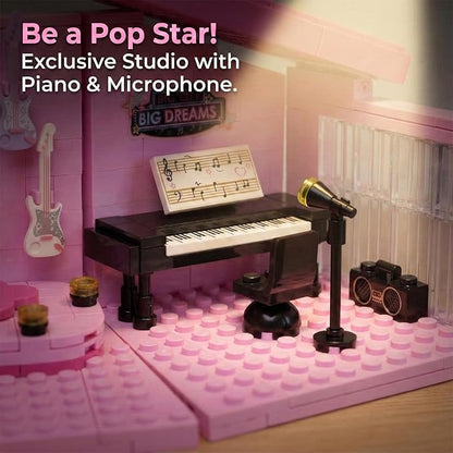 ENJBRICK Pink Music Villa with Spiral Slide 656Pcs Pop Star House Building Toy w/Piano &amp Microphone 3-Story Friends Cottage Compatible with Lego Birthday for Girls 8-12