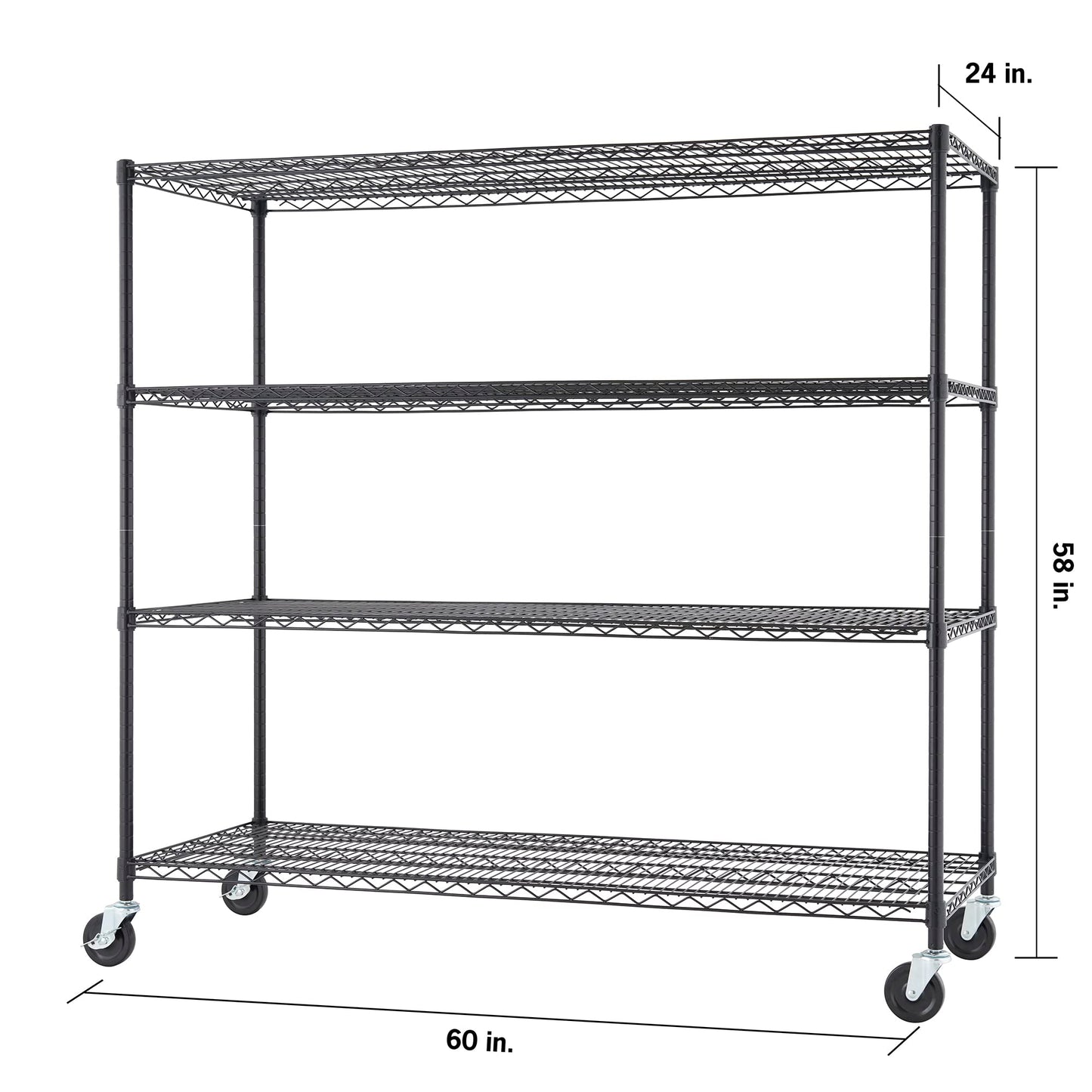 Trinity Basics 4-Tier Adjustable Wire Shelving with Wheels for Kitchen Organization, Garage Storage, Laundry Room, NSF Certified, 600 to 1800 Pound Capacity, 60” by 24” by 54”, Black