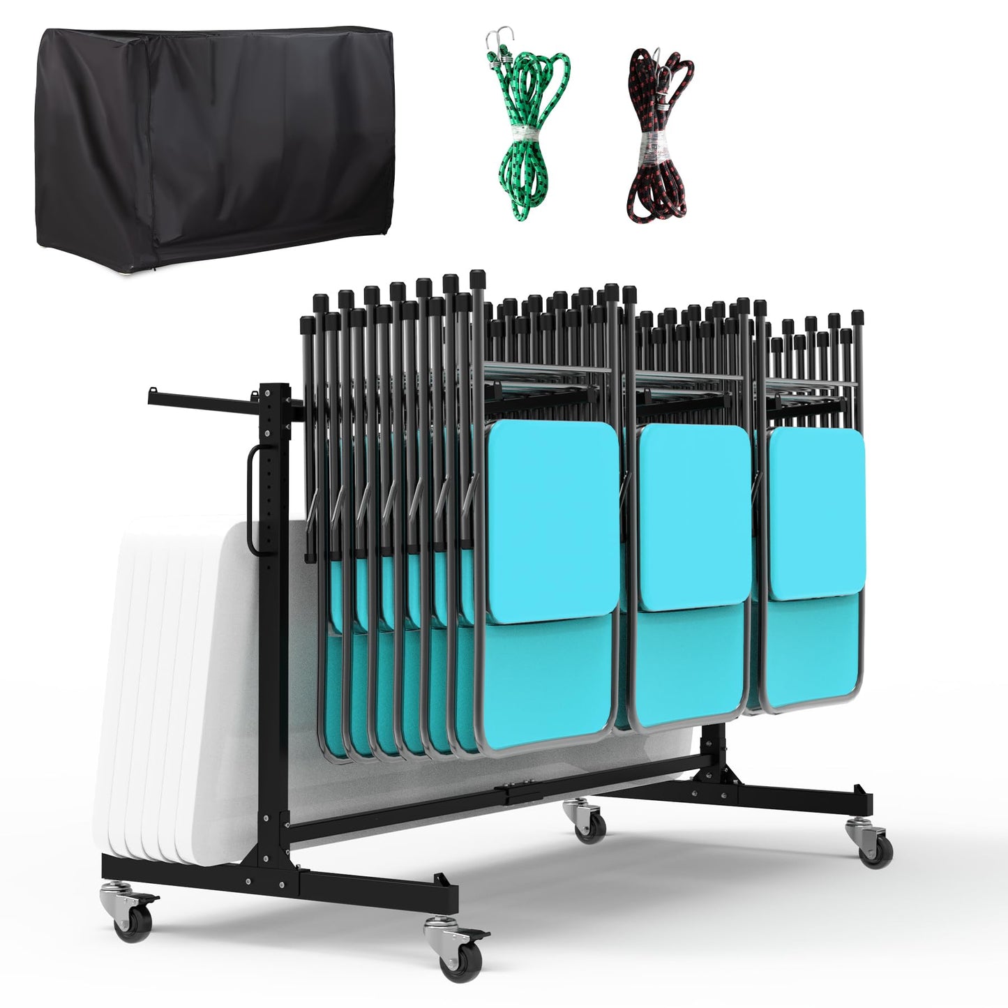 Eastrexon Folding Chair Rack, Heavy-Duty Folding Chair Cart with Swivel Wheels, 600 LBS Capacity for 12 Tables or 42 Chairs, Chair and Table Cart w/Dust Cover and 2 Binding Ropes, 72”L x 33”W x 42”H