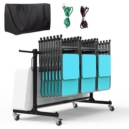 Eastrexon Folding Chair Rack, Heavy-Duty Folding Chair Cart with Swivel Wheels, 600 LBS Capacity for 12 Tables or 42 Chairs, Chair and Table Cart w/Dust Cover and 2 Binding Ropes, 72”L x 33”W x 42”H