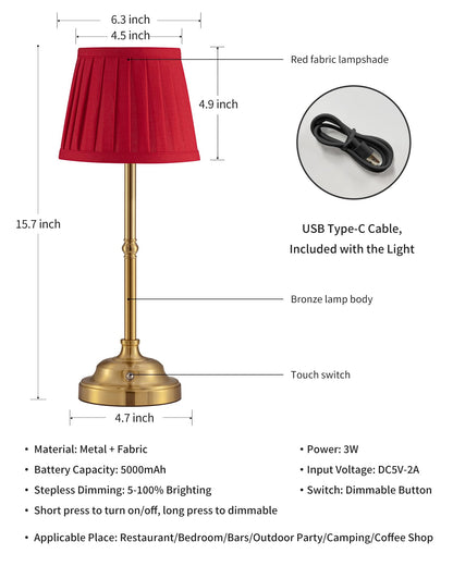 KDG Cordless LED Table Lamp Set of 2, Portables Fabric Shade Desk Lamps, 4000mAh Rechargeable Battery Powered Lighting, Dimmable Light for Dining Room, Bedroom, Bedside, Night Light, Balcony (Red)