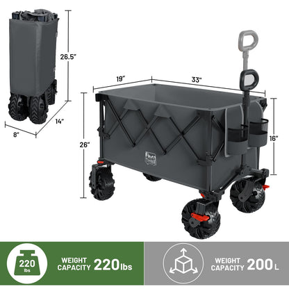 Timber Ridge Outdoor Collapsible Folding Wagon with Brakes and Cup Holders, 500lbs Heavy Duty All Terrain Wheels Utility Cart for Shopping Camping Garden Sports, Grey