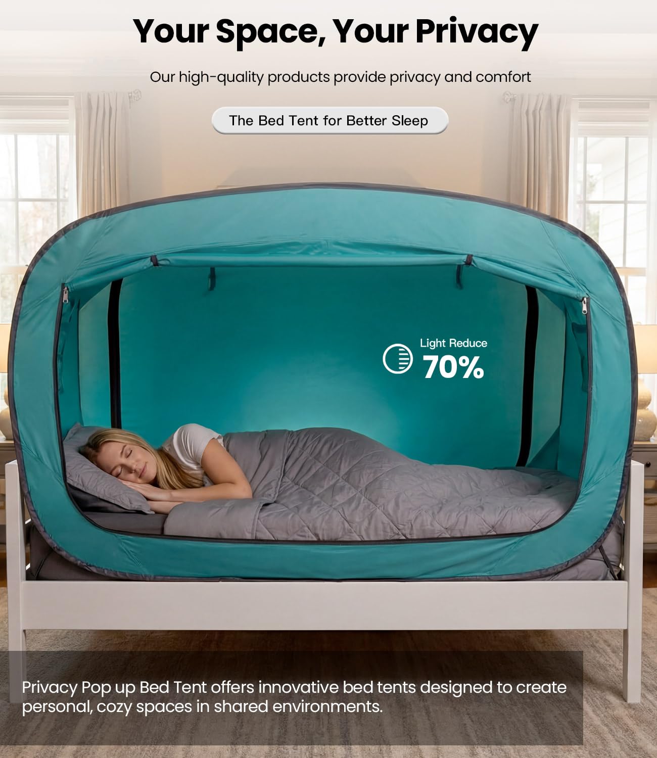 ANC POP Bed Tent Twin Bed Canopy Portable Dream Tent for Adult Indoor Sleeping Tents with 2 Doors Breathable Private Space Tents, Teal