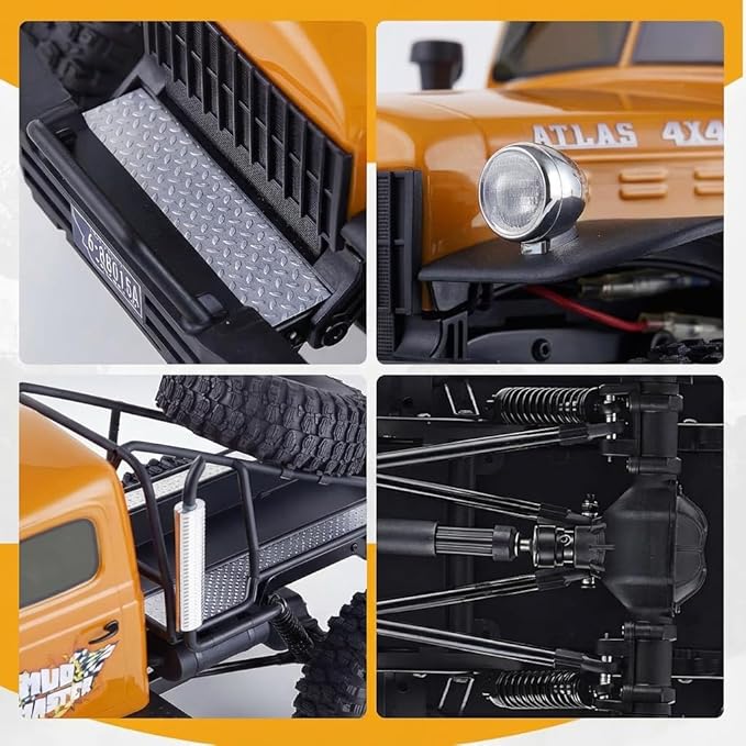 EAZYRC FMS Rochobby 1/10 Atlas Ready Set RC Crawler RC Truck 4X4 with Lighting 2.4GHz RadioBall Bearing Metal-Gear Full4 Link SuspensionRapid Separation Car Body for Adult (Yellow)