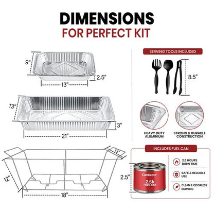 Disposable Chafing Dish Buffet Set, 33 Piece of Chafing Servers with Food Warmers, Covers, Half-Size Food Pans, Water Trays, Serving Utensils, Foil Lids and 4Hr Fuel Cans for Parties, Catering