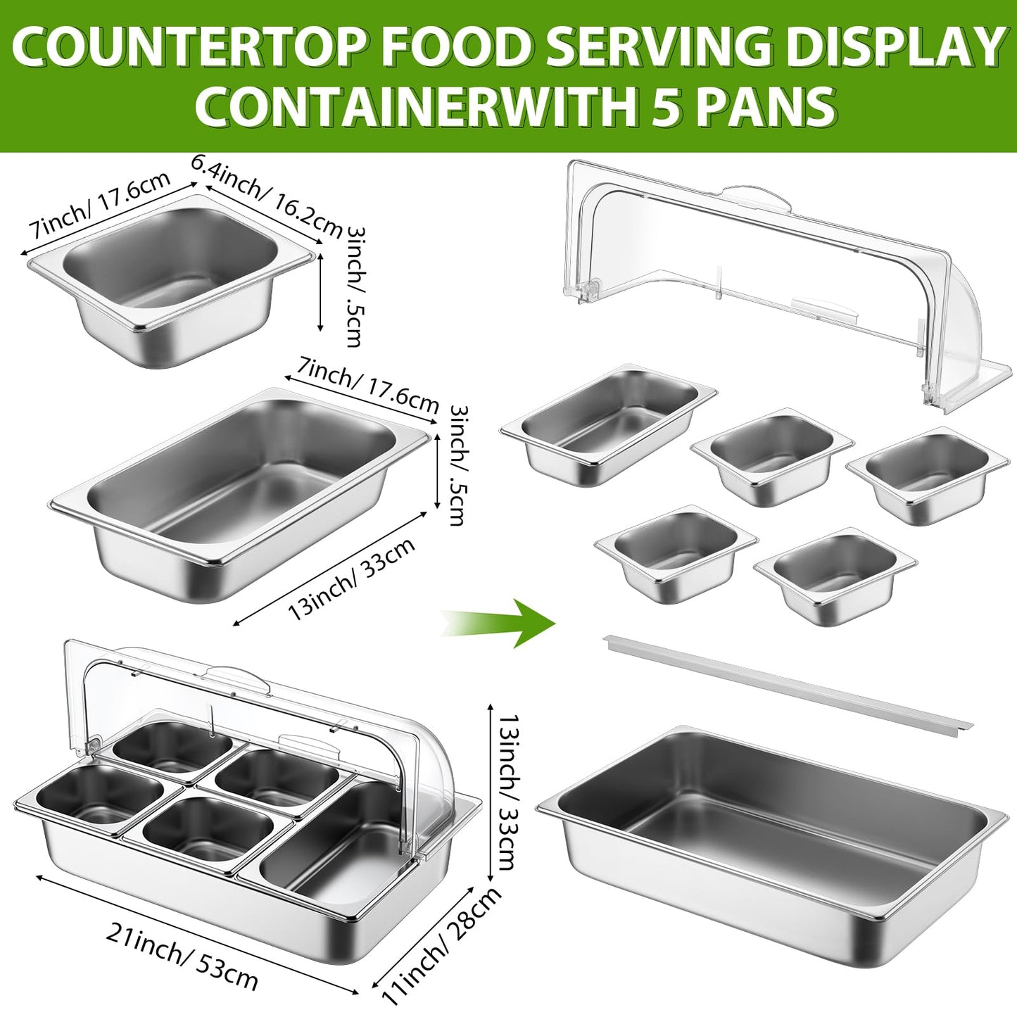 Ziliny Countertop Food Serving Display Container and Clear Roll Top Cover Stainless Steel Food Serving Tray Buffet Condiment Dispenser Display Rack for Restaurant Hotel Kitchen Party (21 x 13 x 11)