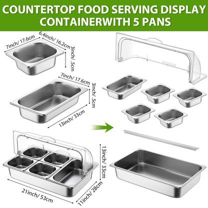 Ziliny Countertop Food Serving Display Container and Clear Roll Top Cover Stainless Steel Food Serving Tray Buffet Condiment Dispenser Display Rack for Restaurant Hotel Kitchen Party (21 x 13 x 11)
