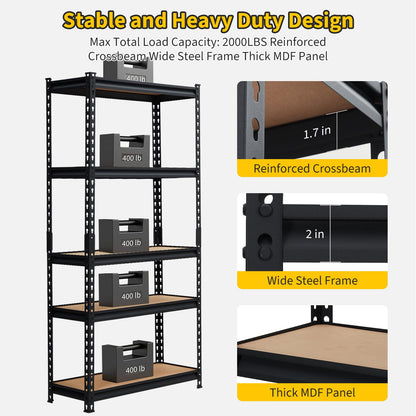 MilleLoom 48 in l x 18 in w x 72 in h 5-Tier Heavy Duty Storage Shelving Unit, 2500 LBS Capacity, Adjustable Metal Rack for Garage, Kitchen Pantry, Basement Organization