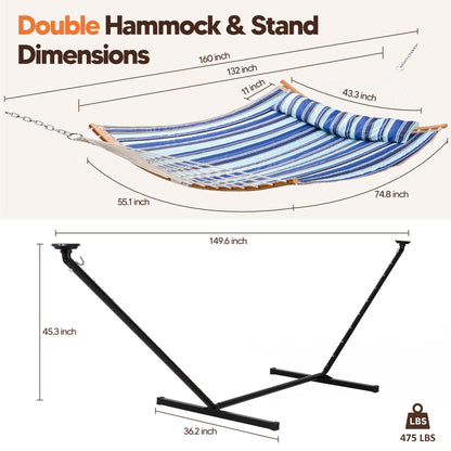 SUNCREAT Double Hammock with 12 ft Stand, Solar Powered Lights Included, Outdoor Hammock for Outside, Blue & White