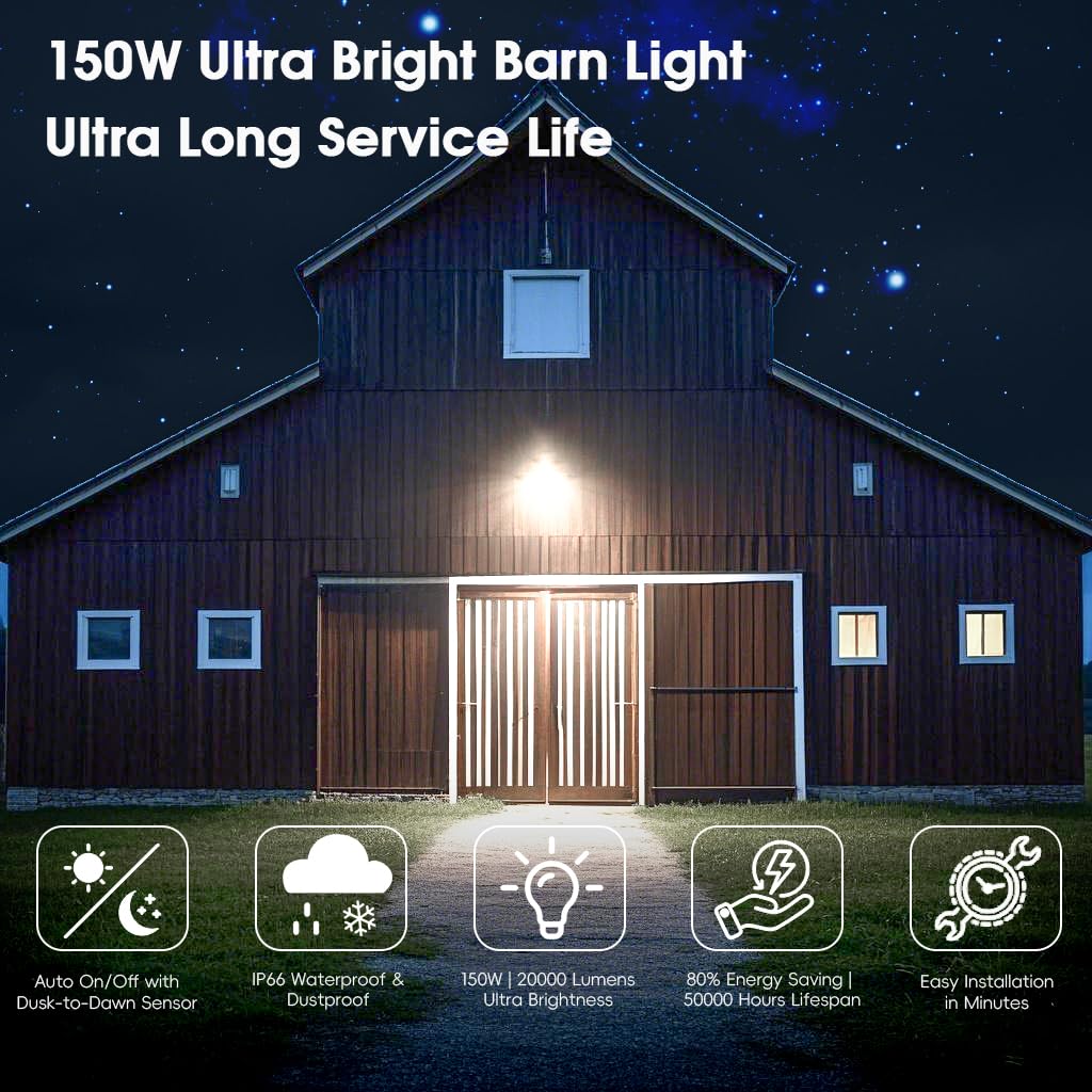 MOONTIP 150W 4 Pack 20000LM Dusk to Dawn Outdoor Lighting, LED Barn Lights Outdoor with 150° Adjustable Photocell Pole Light 6500K Flood Light, IP66 Waterproof Area Street Light for Garage Yard