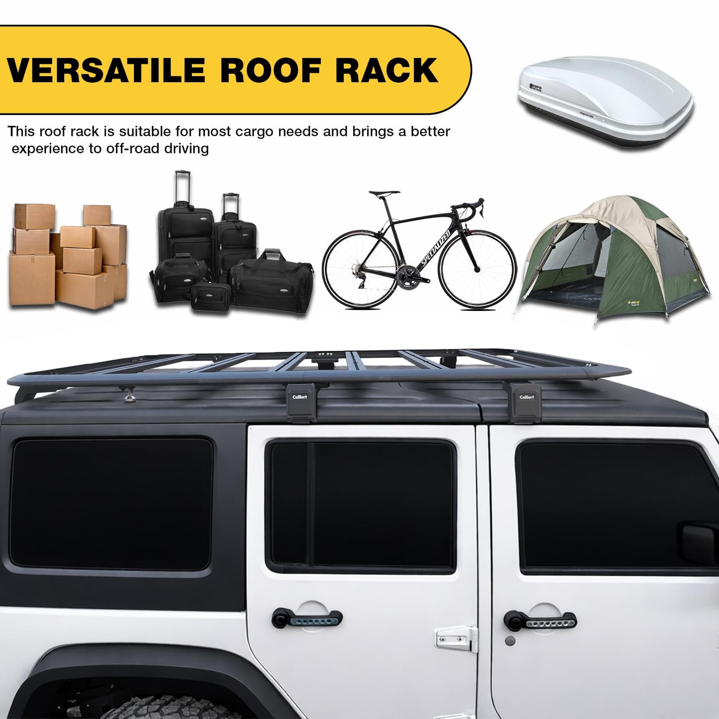 CALLIERT Aluminum Full-Length roof Rack Kit Cross Bars and Cargo Basket for 2007-2018 Jeep Wrangler JK 4 Door, Low-Profile Hardtop Luggage Carrier