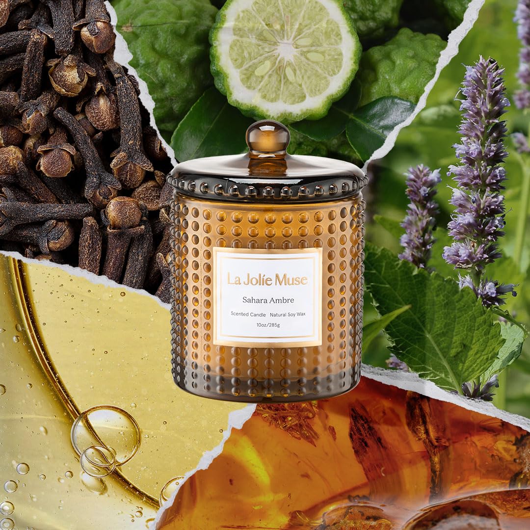 LA JOLIE MUSE Sahara Amber Scented Candles for Home | Non Toxic Natural Soy | Luxury Decorative Large Jar Candle | Gifts for Women & Men | Bergamot Musk | 55 Hrs