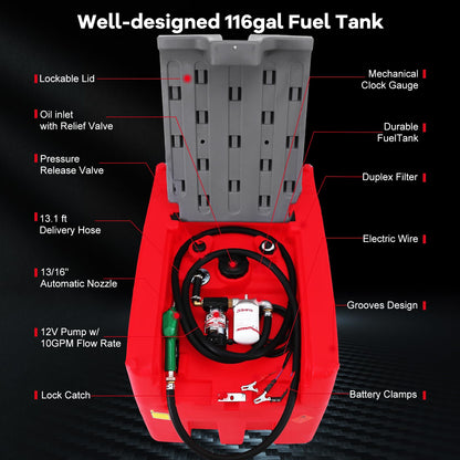 116 Gallon Portable Fuel Tank with 12V Electric Pump, 10 GPM Diesel & Gasoline Transfer Tank with 13.1 ft Hose & Auto Shut-Off Nozzle, Heavy-Duty Fuel Storage for Truck, Farm, Generator & Equipment