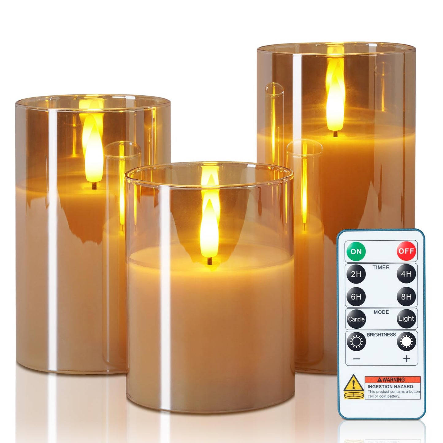 5plots Glass Battery Operated Gold Flameless Candles with Remote Timer, 3D Wick Real Wax Pillar Led Candles Warm Flickering Light for Indoor Home, Halloween, Christmas Decor, Set of 3, D3 x H4 5" 6"