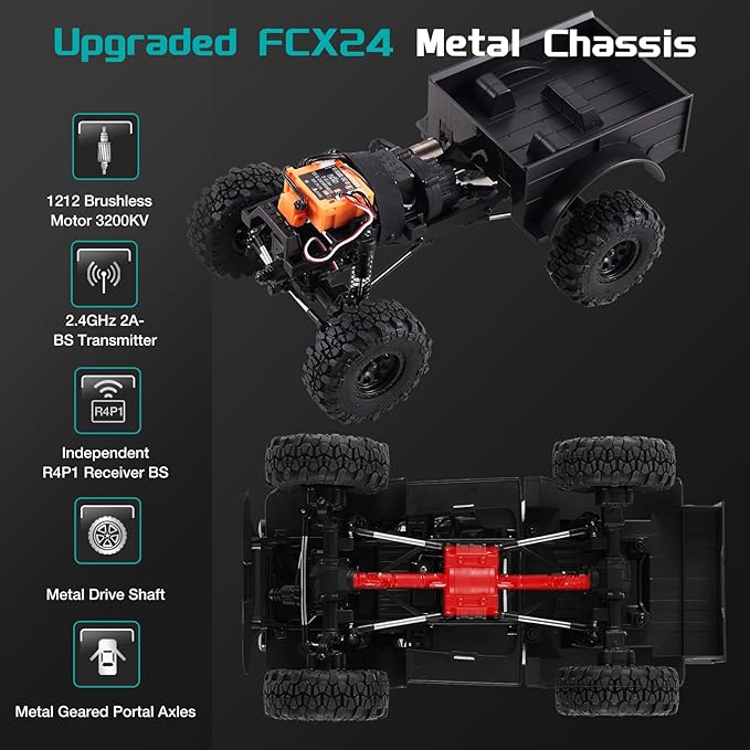 FMS 1/24 Brushless RC Rock Crawler FCX24 Power Wagon 4WD RC Semi Truck W/ 2.4GHz Remote RTR Offroad RC Car Model Vehicle Hobby Grade for Adults Gifts Toys