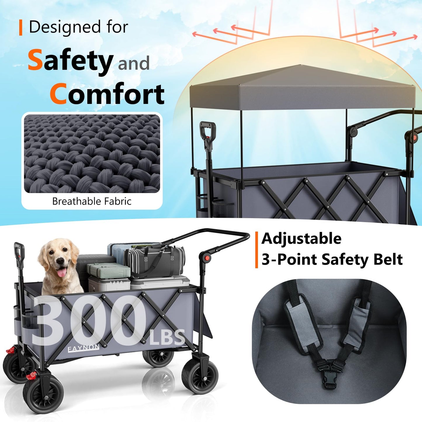 3 in 1 Collapsible Wagon with 300lbs Weight Capacity,150L Heavy Duty Utility Cart with Removable Canopy,with Big All-Terrain Beach Wheels & Drink Holders,Gray