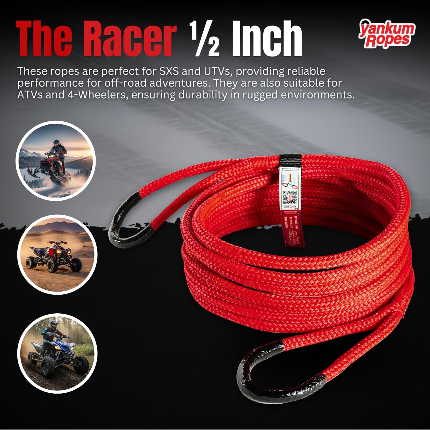 Yankum Kinetic Recovery Rope - Heavy Duty 1/2" x 30' Tow Rope, Off-Road & Vehicle Recovery, Kinetic Energy Ropes for 4x4, Jeep, and Trucks, Made in USA – Racer Series