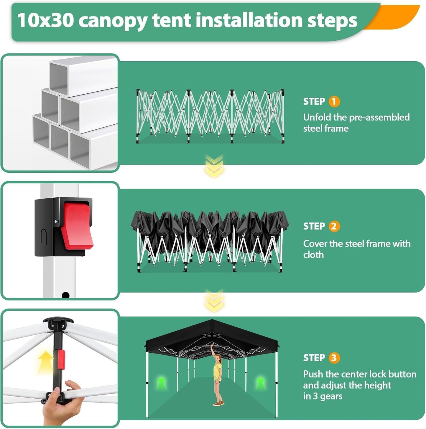 COBIZI 10x30 Party Tent with Wheeled Bag 10x30 Pop up Canopy with One-Push Setup, Outdoor Canopy with 3 Sidewalls Gazebo Event Shelter for Wedding Commercial with Sandbags,Waterproof & UPF50+, Black