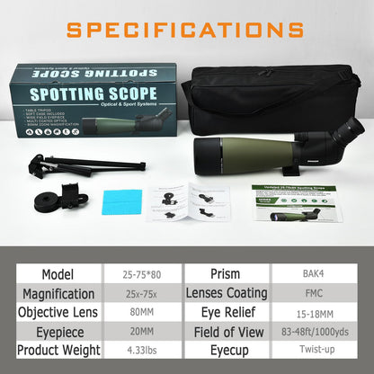 GOOCHIN 25-75X80 Spotting Scopes, HD Spotter Scope for Target Shooting, BAK4 Prism with Tripod, Smartphone Adapter, Waterproof Spotting Scope for Bird Watching Hunting Wildlife Viewing