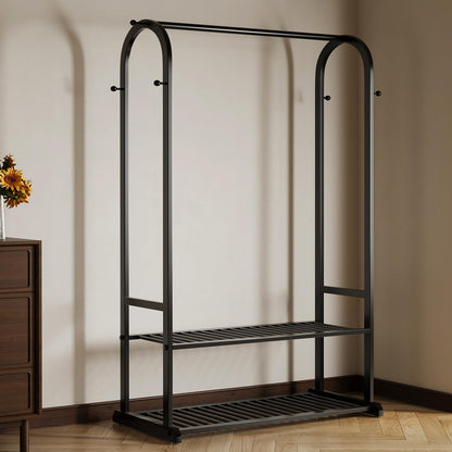 ZHBHYZ Sturdy metal clothes rack,Black freestanding clothing rack with bottom shelves and 6 side hooks,garment rack for hanging clothes,Modern wardrobe rack for Bedroom or cloakrooms