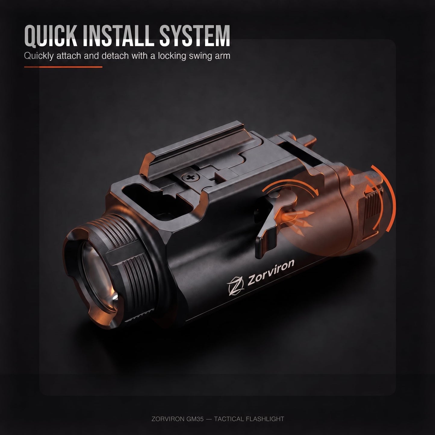 Zorviron GM35 Tactical Flashlight, USB-C Rechargeable,1350 Lumen Rail Mounted Light, FL1 198m Throw, Ambidextrous Dual Switch, Lockout Mode, Fits Glock 17/19/22/23 GL & 1913 Picatinny, IP65